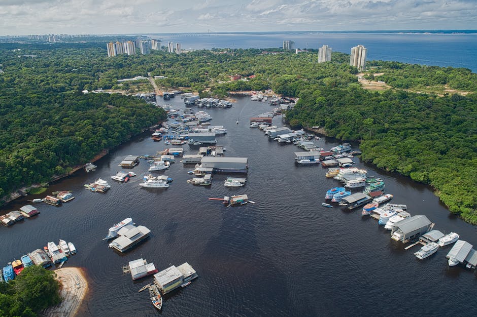 Discover Manaus's vibrant waterfront with floating houses and boats against dense Amazonian forest.
